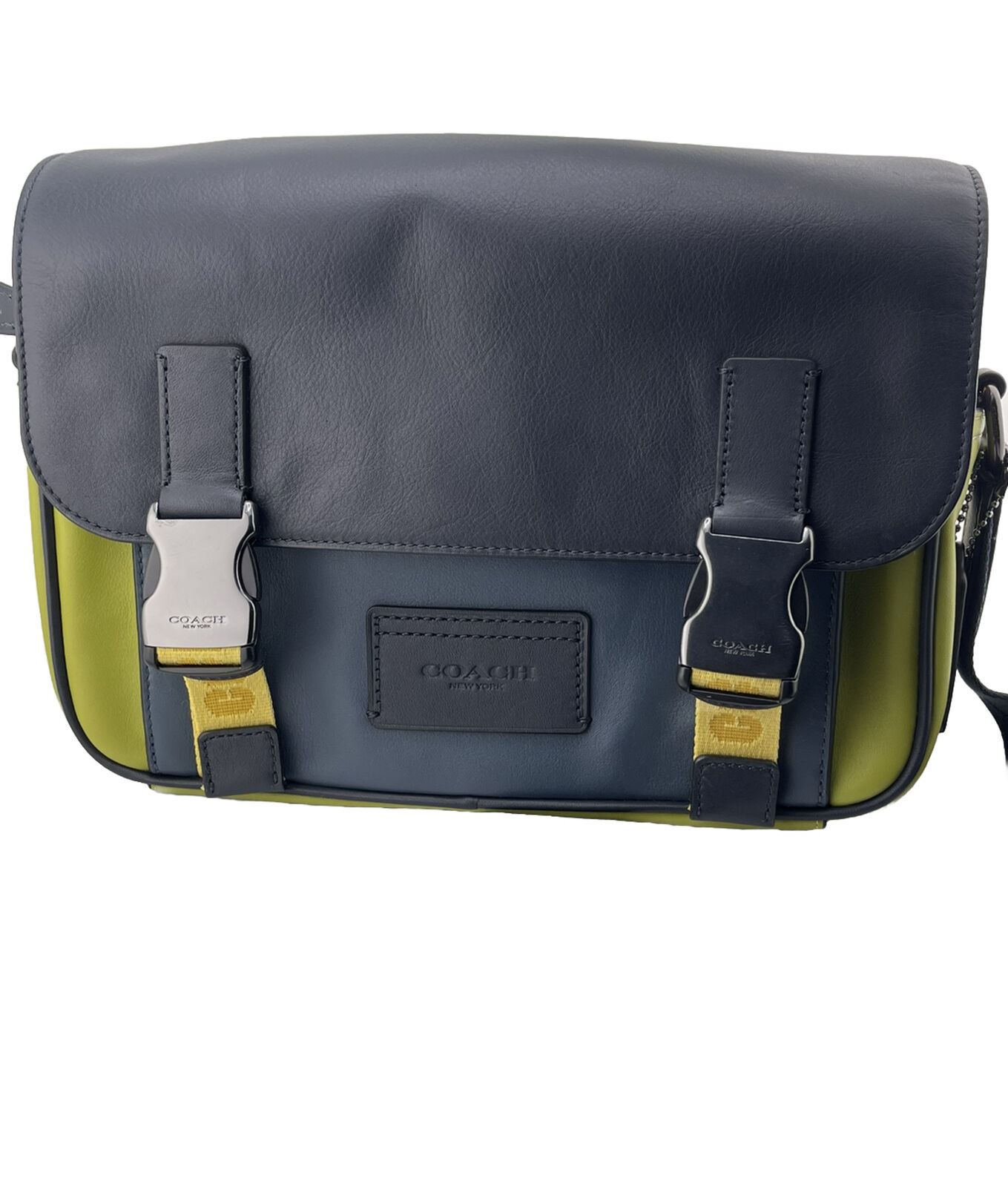 Coach Track Leather Crossbody Messenger Bag in Colorblock Black Navy Lime - NWT