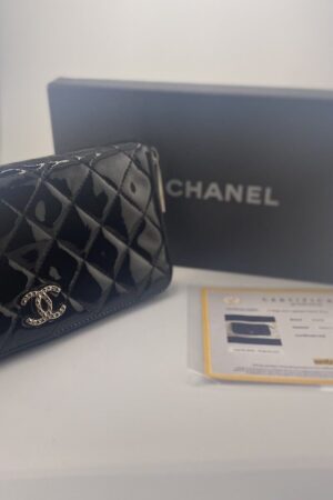 Chanel Black Patent Leather Quilted Zip Around Large Wallet EUC